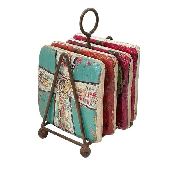 Handcrafted Coaster Set Whimsical 4"x4" Emily Little - Little e Studio W Holder - Picture 3 of 14